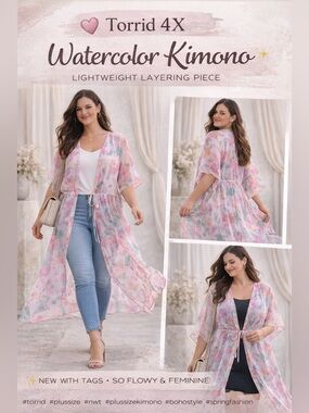 Torrid 4X Watercolor Floral Kimono Sheer Flowy Lightweight Cover Up NWT